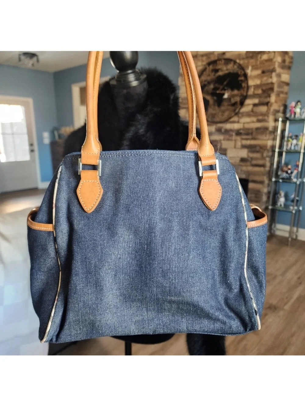 Burberry Denim Tote with Tan Leather Trim
